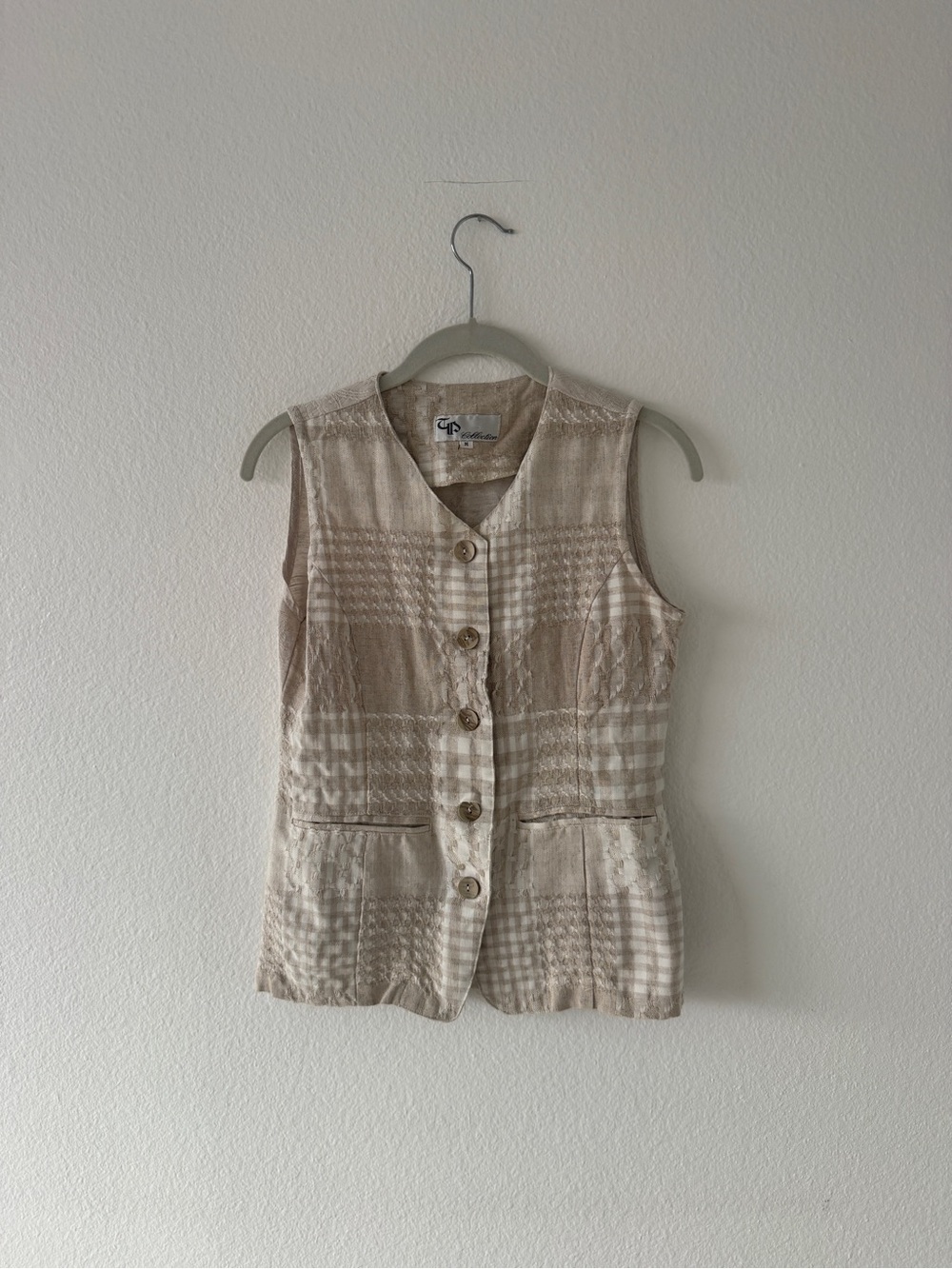 Sleeveless Patchwork Button-Front Top in Beige